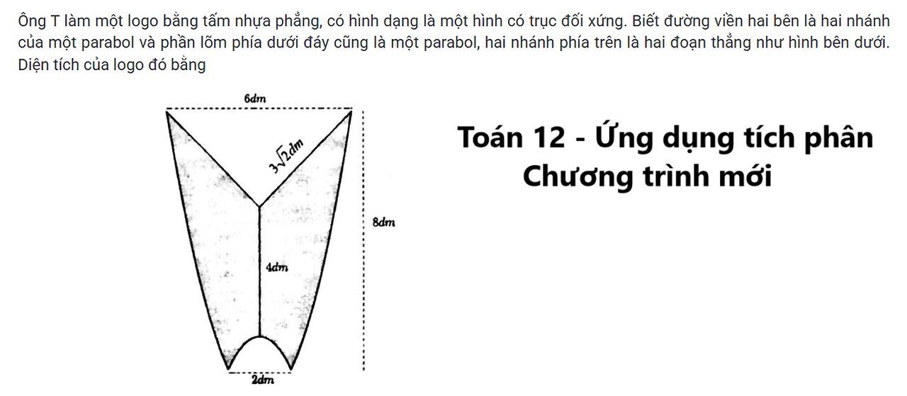 Toán 12: Ông T làm một logo bằng tấm nhựa phẳng, có hình dạng là một hình có trục đối xứng