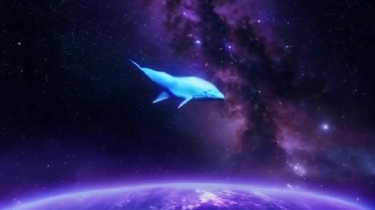 Flying blue whale on the purple space