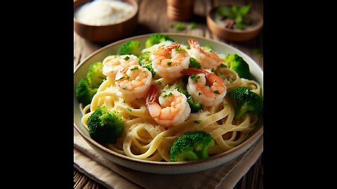 PASTA ALFREDO CON CAMARONES Y BROCOLIS