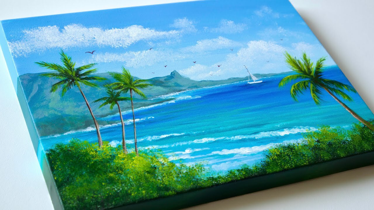 Beach painting _ Tropical Beach Acrylic Painting _ Aham Art