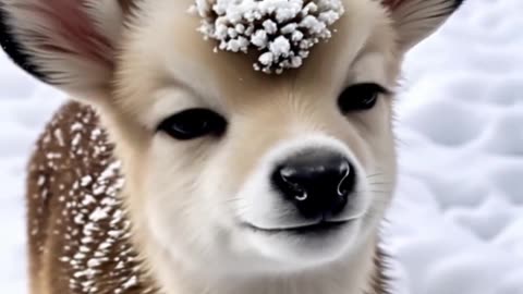 "Little fawn with snowflakes on its head; Smiling so beautifully."