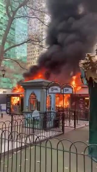 Blaze ignites at the holiday market in Bryant Park, New York City.