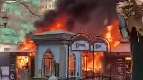 Blaze ignites at the holiday market in Bryant Park, New York City.