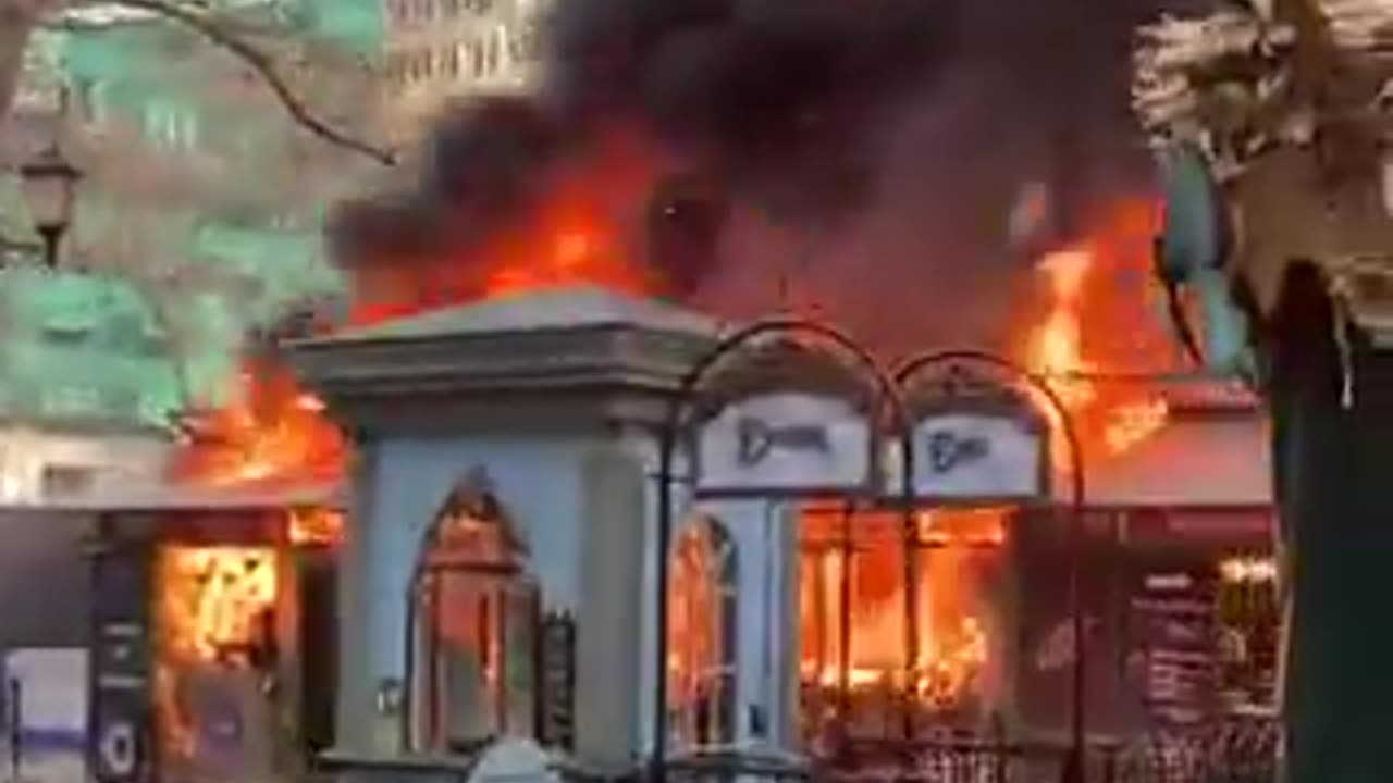 Blaze ignites at the holiday market in Bryant Park, New York City.