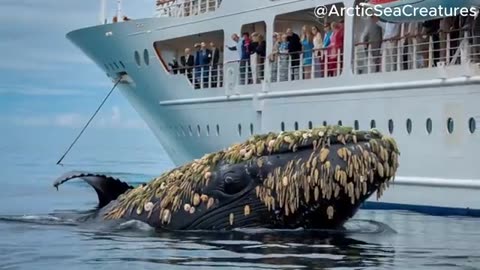 The whale is parasitized by millions of barnacles and moss and is calling for help from its visitors