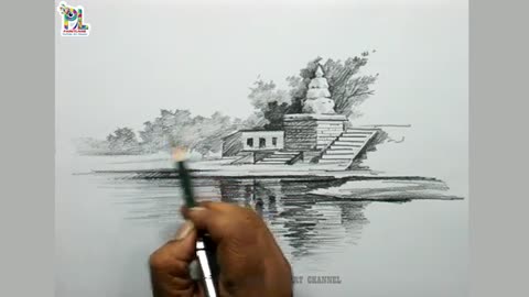 Temple and Lake In A Simple Scenery Pencil Art || Nature Easy Pencil Art