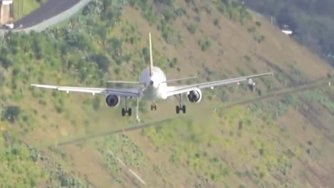 Crosswind landing of an A319 at Cristiano Ronaldo International Airport in Madeira, Portugal