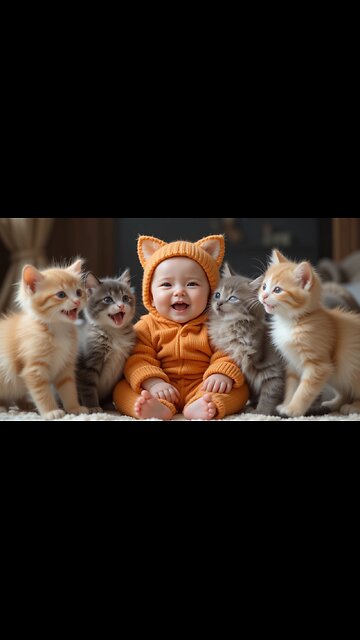 Baby's Joyful Playtime: Adorable Kittens Join the Fun