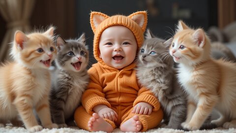 Baby's Joyful Playtime: Adorable Kittens Join the Fun