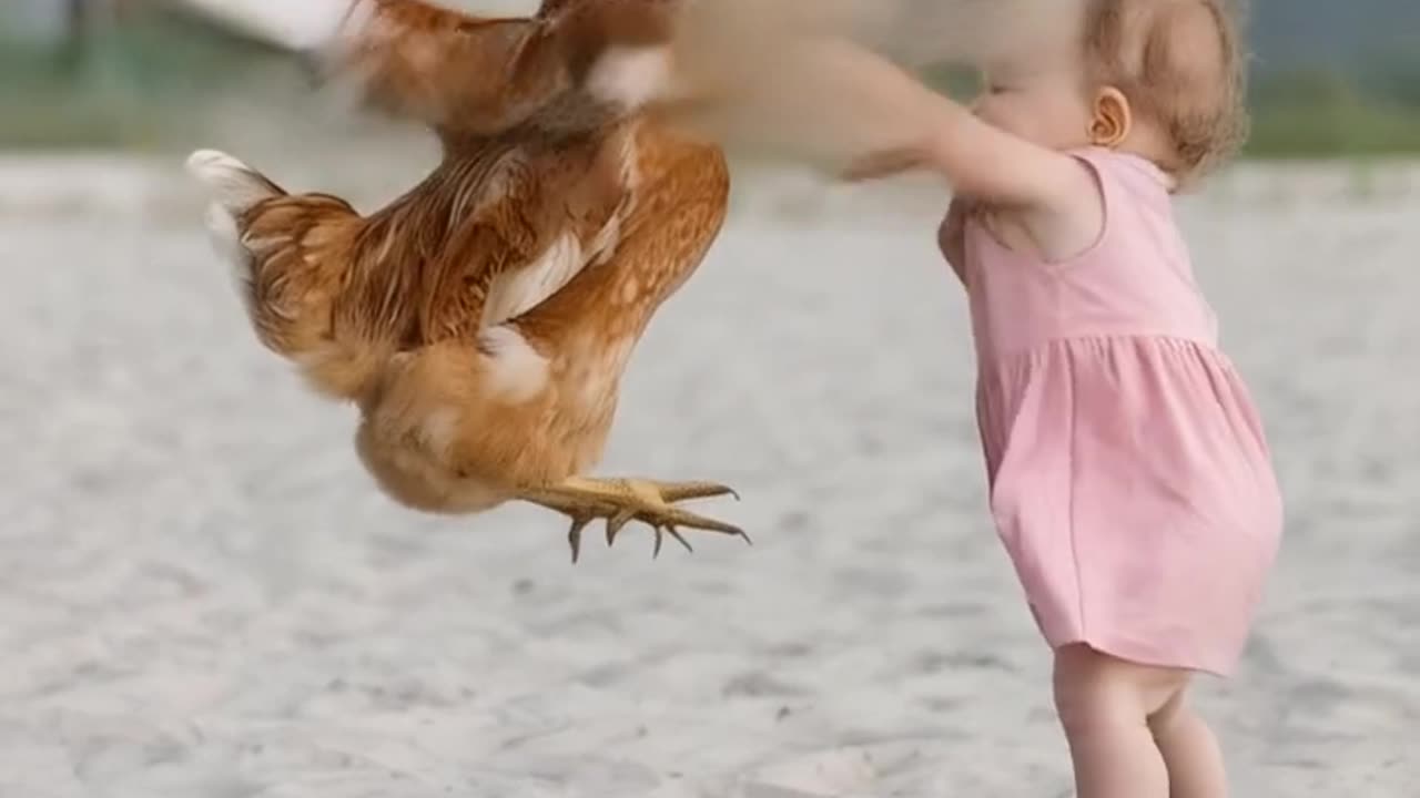 Baby fighting with chicken