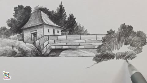 Pencil Drawing River and Bridge in Scenery Art