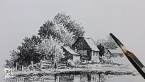 How to draw Scenery art with River side houses with Charcoal pencil