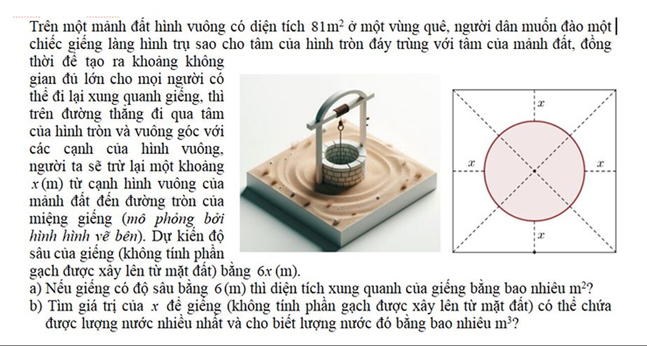 Toán 12: Trên một tranh đất hình vuông có diện tích 81m^2 ở một vùng quê, người dân muốn đào một