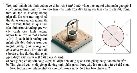 Toán 12: Trên một tranh đất hình vuông có diện tích 81m^2 ở một vùng quê, người dân muốn đào một