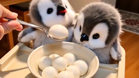 "Penguin baby; Two little gluttons who can't wait."
