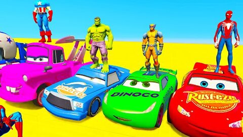 SPIDERMAN McQueen Vs MACK TRUCK on COLOR Skate RAMP Challenge! SUPERHERO HULK Disney Cars