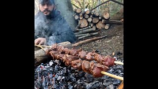 campfire cooking and survival shelter nature sounds, wildlife