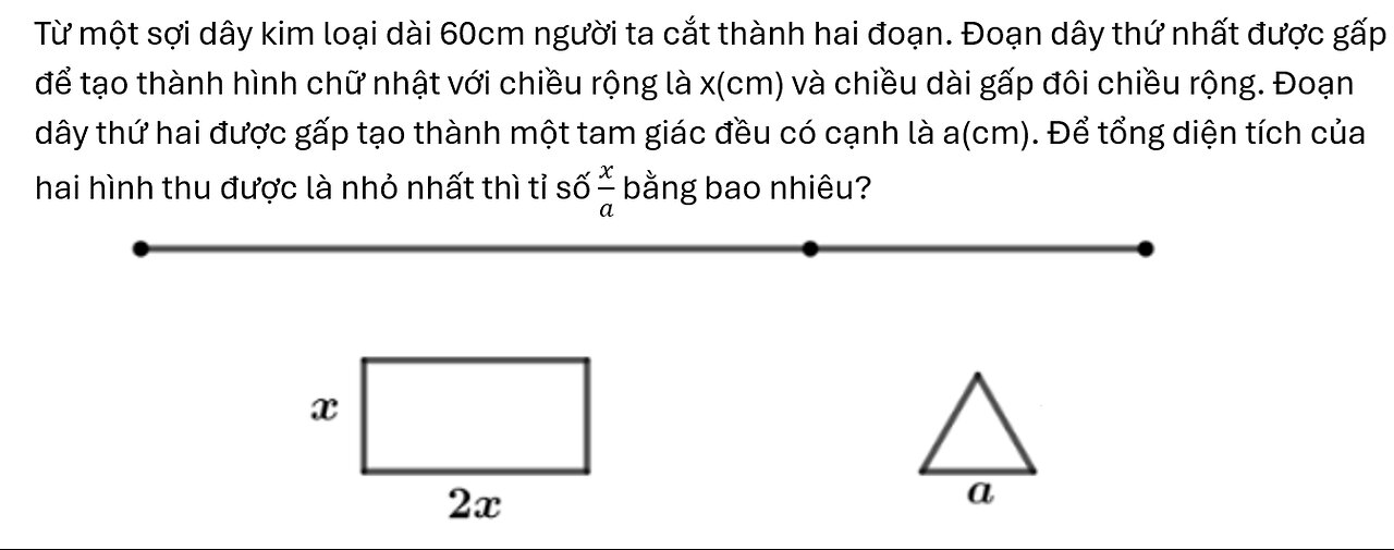 Toán 12: Từ một sợi dây kim loại dài 60cm người ta cắt thành hai đoạn. Đoạn dây thứ nhất được gấp