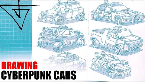 Drawing Cyberpunk cars in sketchbook.