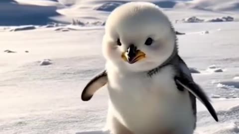 This fluffy baby penguin is having the best time playing in the snow — pure joy