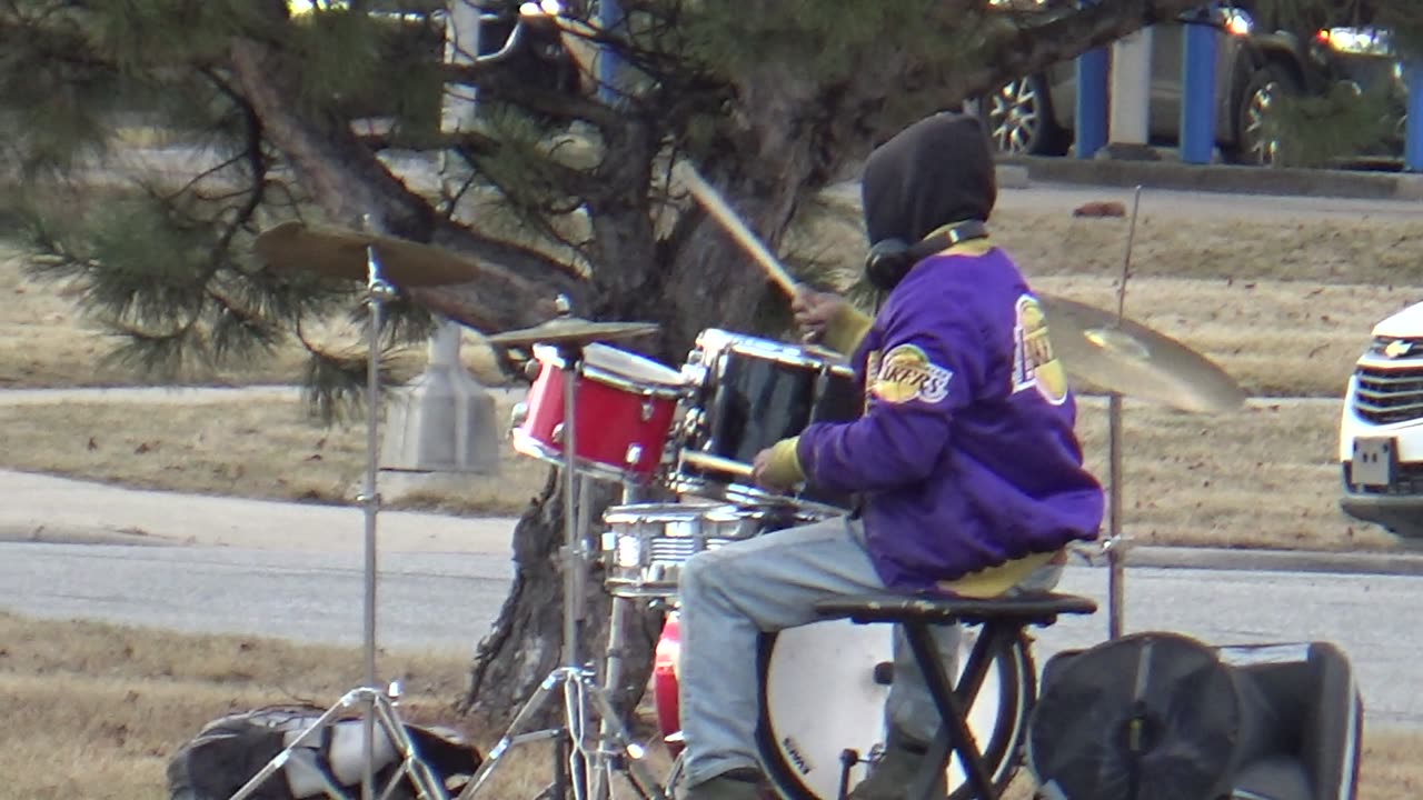 Two People Busking On Six Mile Road, Livonia, Michigan, February 28, 2025