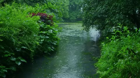 The beautiful little lake is raining