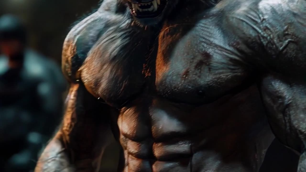 dynamic shot, of a strong wolf contracting his strong muscle, looking fierce