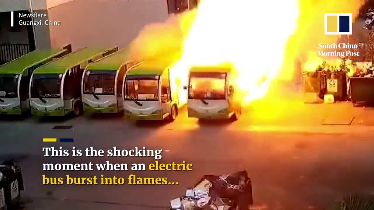 China: An electric bus spontaneously bursts into flames, setting off a domino effect of bus fires.