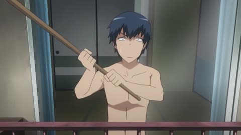 Toradora - Ryuuji bonks Taiga with a broom