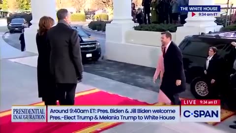 Kamala Harris and Doug Emhoff welcoming JD and Usha Vance at the White House