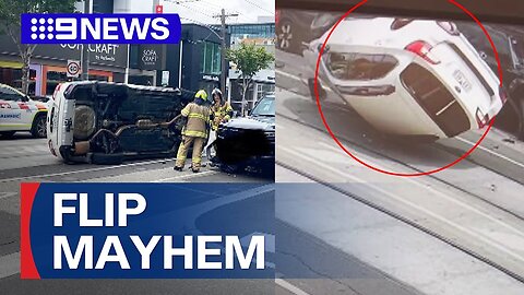 Two teens arrested after car crashes, rolls on busy inner-Melbourne street | 9 News Australia