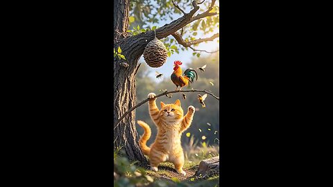 Funny chicken cat befriend