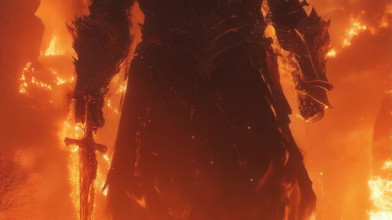 Dynamic shot of gigantic flame monster walking hyper realistic video, high quality