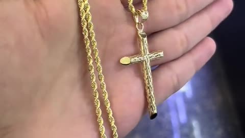 Real Gold Solid Rope Chain & Plain Gold Cross Set Up