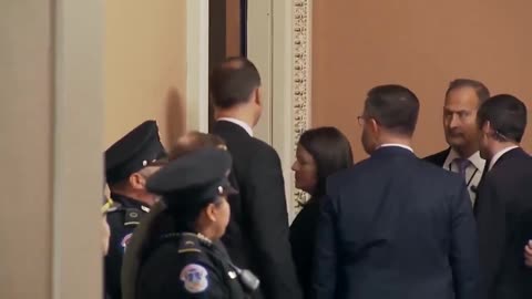 Thunderous applause is heard as Donald J. Trump and JD Vance enter a meeting with Senators