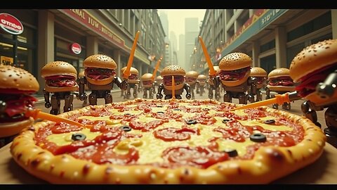 Giant pizza fights robot burgers using cheese swords!