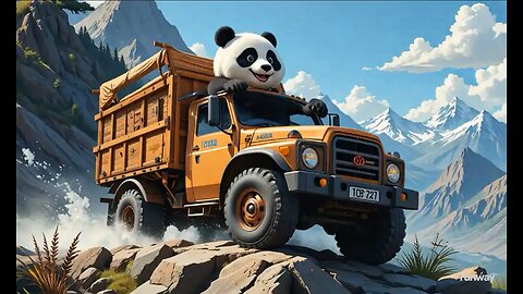 Panda driving the truck on mountain