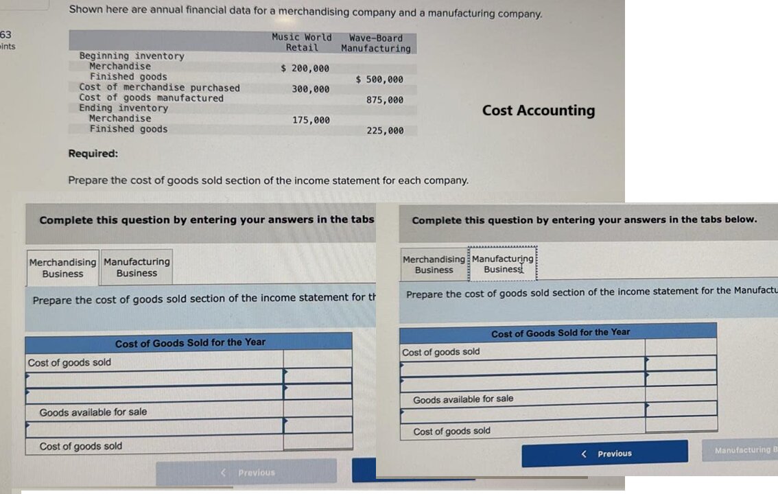 Shown here are annual financial data for a merchandising company and a manufacturing company.