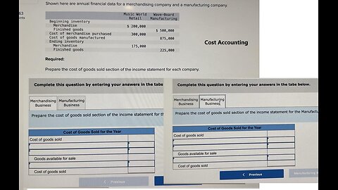 Shown here are annual financial data for a merchandising company and a manufacturing company.