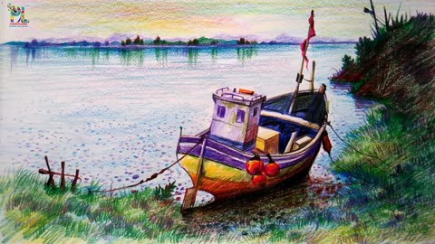 Learn How To Draw & Colored A Boat In A Simple Landscape With COLOR PENCILS _ Pencil Shading