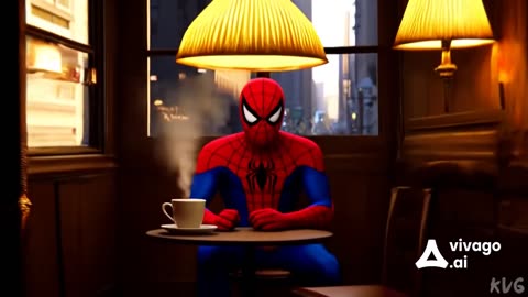 spiderman drinking coffie at a coffie shop.