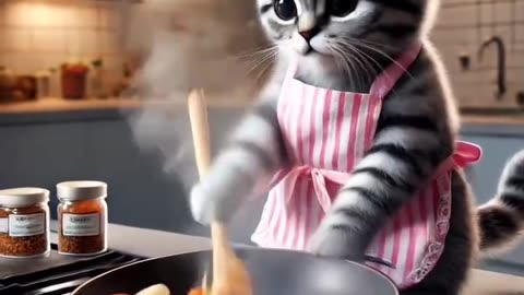 Ash cat cooks meat curry