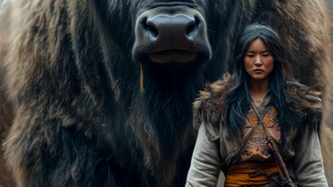 dynamic shot of a buffalo and a warrior walking side by side, high quality image