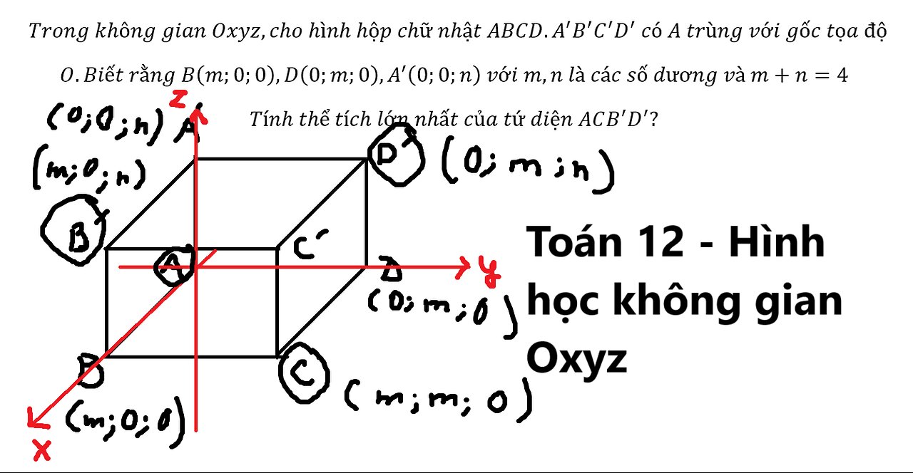 Toán 12: Trong không gian Oxyz,cho hình hộp chữ nhật ABCD.A'B'C'D' có A trùng với gốc tọa độ O.