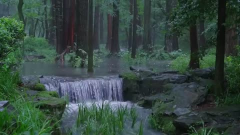 The beautiful mountain forest is raining