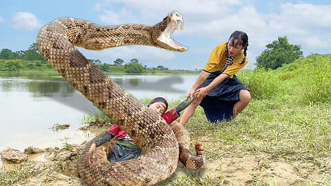 Ethnic girl fishing attacked by giant python on riverbank | Mountain VN Primitive Joy