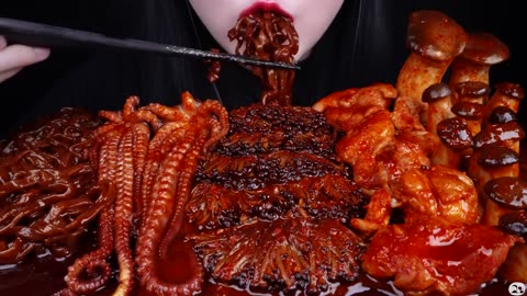 ASMR BLACK BEAN NOODLES, SPICY SEAFOOD, SPICY ENOKI MUSHROOM, MUKBANG