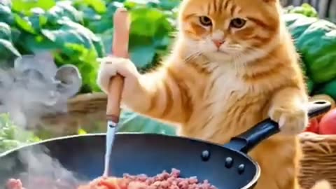 Chef Cat Cooks Braised Pork with Eggplant – Cute & Delicious!