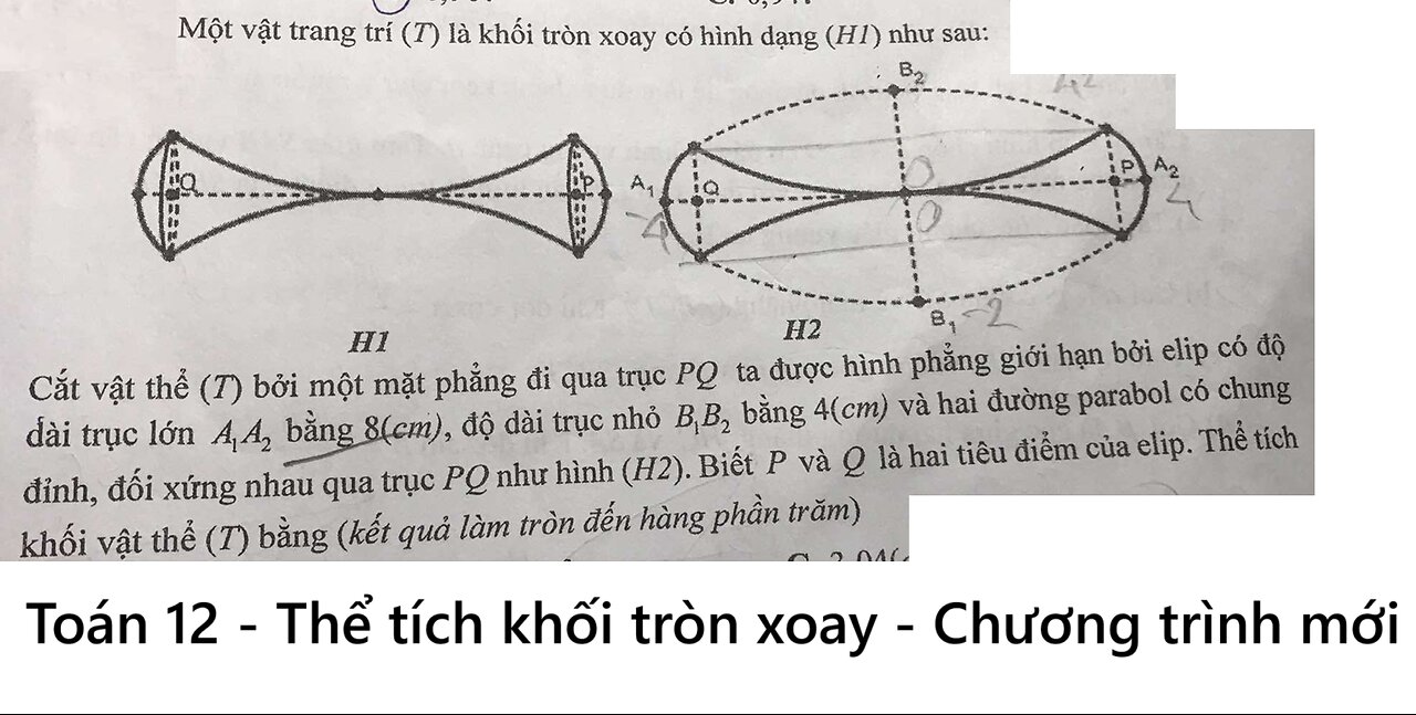 Toán 12: Một vật trang trí (T) là khối tròn xoay có hình dạng (H1) như sau: Cắt vật thể (T) bởi một