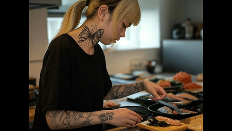 Lovely Japanese Girl Prepares Tasty Seafood Dish